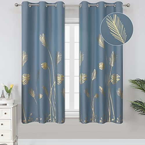 Stone Blue Blackout Curtains with Gold Palm Pattern 38"x63"