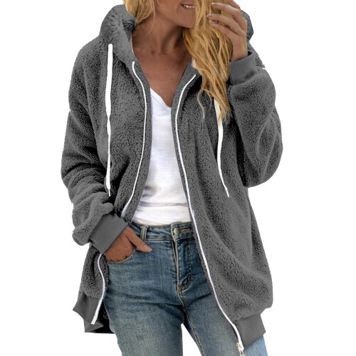 Γυναικείο χειμερινό παλτό από φλις με χνουδωτή απόχρωση, φούτερ με κουκούλα και