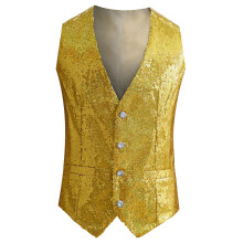 Colete masculino brilhante com lantejoulas, modelo blazer sem mangas com abotoamento simples, ideal para festas, na cor amarela.