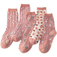 5 Pairs Charming Vintage Embroidered Floral Crew Socks for Women - Combed Cotton Elegance Size5-8