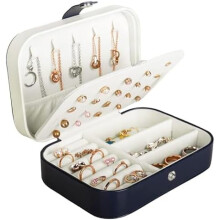 Portable PU Leather Travel Jewelry Box for Women – Holds Studs, Rings, Necklaces, Bracelets (Blue)