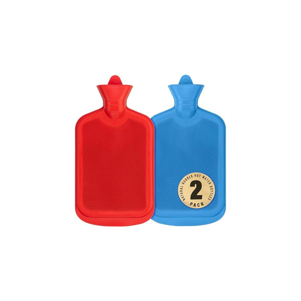 2-Pack 2L Natural Rubber Hot Water Bottles, BPA-Free, for Heat Therapy & Pain Relief â Red & Blue