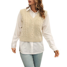 Women's V-neck knit sweater vest beige preppy sleeveless