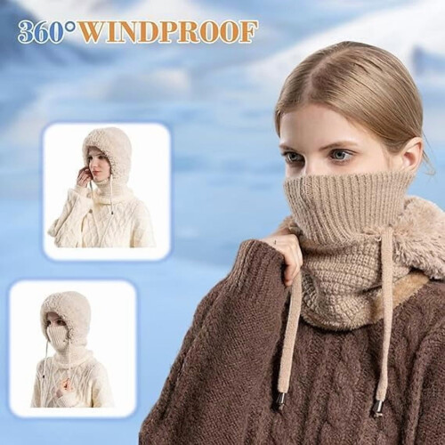 Conjunto feminino de gorro de tricô, cachecol e máscara 1