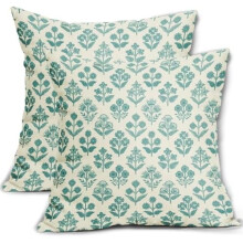 Fundas de cojín con estampado floral turquesa de 45 x 45 cm, juego de 2, estampado vintage en bloques – Estilo rústico, campestre, decoración