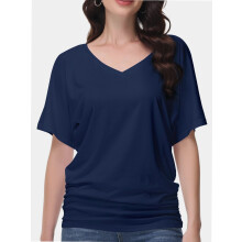 Blusa de manga corta lisa con cuello en V, cuello barco y falda tipo túnica con fruncido lateral para mujer.