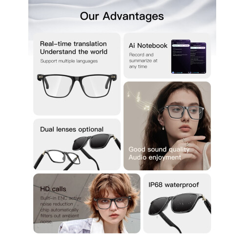 Έξυπνα ασύρματα γυαλιά Bluetooth με AI, έξυπνα γυαλιά μουσικής, βαθμολογία IP68, αντοχή 2