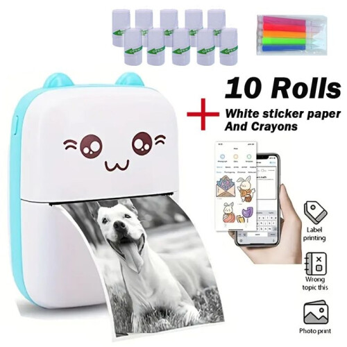Mini Portable Bluetooth Thermal Printer, 10 Rolls Adhesive Paper, Compatible with Android/iOS, Blue