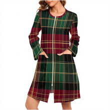 Naisten jouluinen porokuvioinen yöpaita, loma-aiheinen yöasu, mukava harjattu fleece, pitkähihainen yömekko vetoketjulla ja taskuilla (S-2XL)