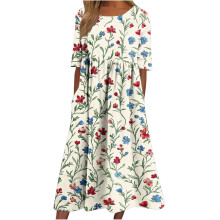 Damenkleid mit Blumenmuster, kurzen Ärmeln, Rundhalsausschnitt, geraffter Taille, Stufenrüschen, Midikleid mit Taschen, Sommer-Boho-Vintage-Teekleid