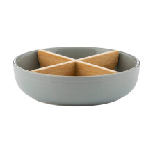 Round Serving Dish w/ Wooden Removable Sections Grey Stoneware Food Server Dish