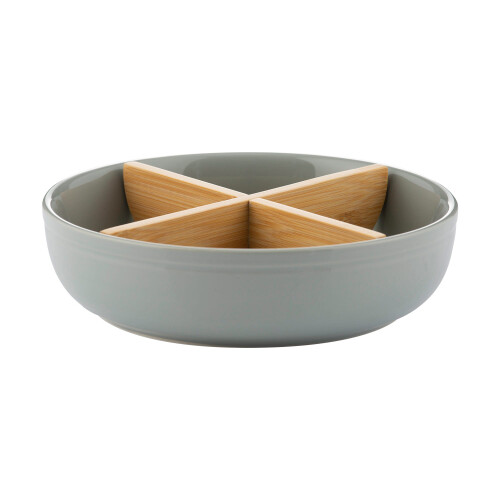 Typhoon Round Serving Dish w/ Wooden Removable Sections Grey Stoneware Food Server Dish