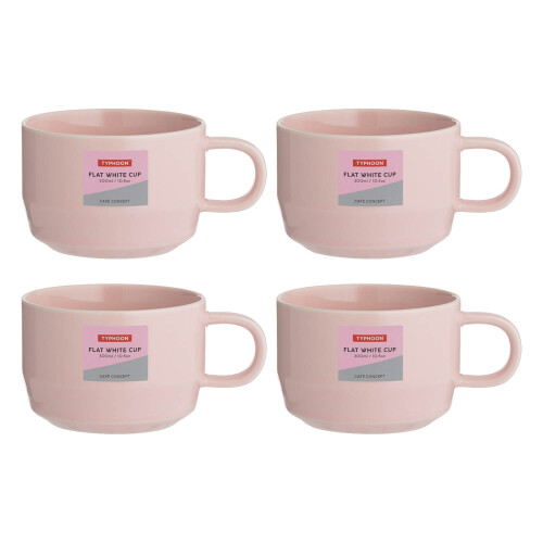 Typhoon Flat White Cup 300ml Pink Stoneware Hot Coffee Latte Espresso Drinking Cup 4pcs
