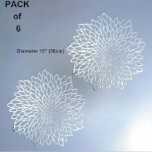 6 Pack Silver Placemats Metallic Glitter Pressed Vinyl Dinning Table Mats Decorative Round Leaf Charger for Winter Holiday Thanksgiving Christmas
