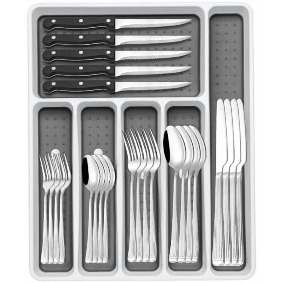 49-Pc Stainless Steel Flatware Set for 8, Roman Column Design, Includes Steak Knives, Rust-Proof & Dishwasher Safe-image-OPC-PRR257C-NEW