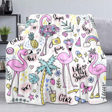 Plaid rose flamant rose – Motif palmier tropical, fruits et arc-en-ciel – Polaire douce et duveteuse, 76 x 102 cm, compatible avec canapé et sofa
