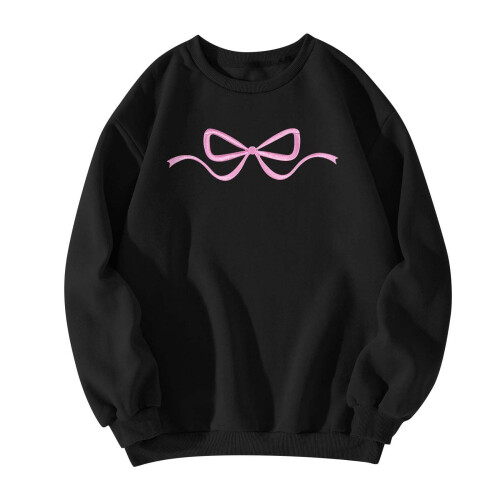 Efterårssweatshirts til kvinder, sløjfeprint, langærmet pullover, blød, rund hals, afslappet, efterårs-vintermode