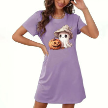 Dame Halloween-pyjamaskjole, rund hals med korte ærmer, blød polyester-spandex-blanding, natkjole med tegneserieprint, S-2XL, kompatibel med Omen