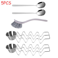EASTIN Taco Shell Stand Holder (2-Pack), Stainless Steel Tray w/ 2 Salad Cups, 2 Spoons, Brush – Holds 3 Tacos Each
