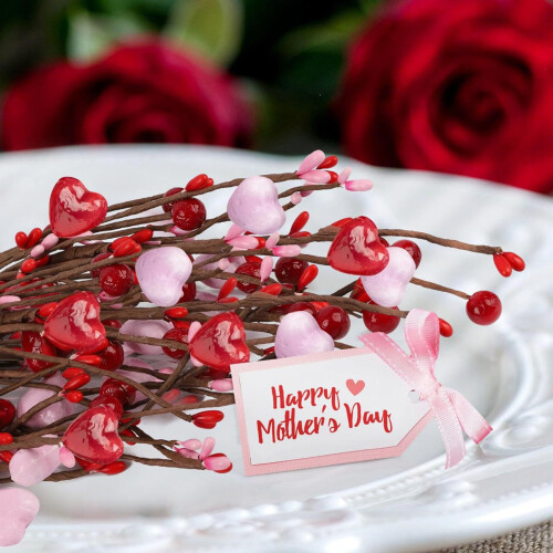 Artificial Red Berry Flower Stems Heart Shape 6 Pcs 2