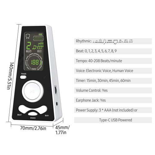 Metronome with Piano, Violin, Drum Compatibility – Battery or USB Powered, White 2