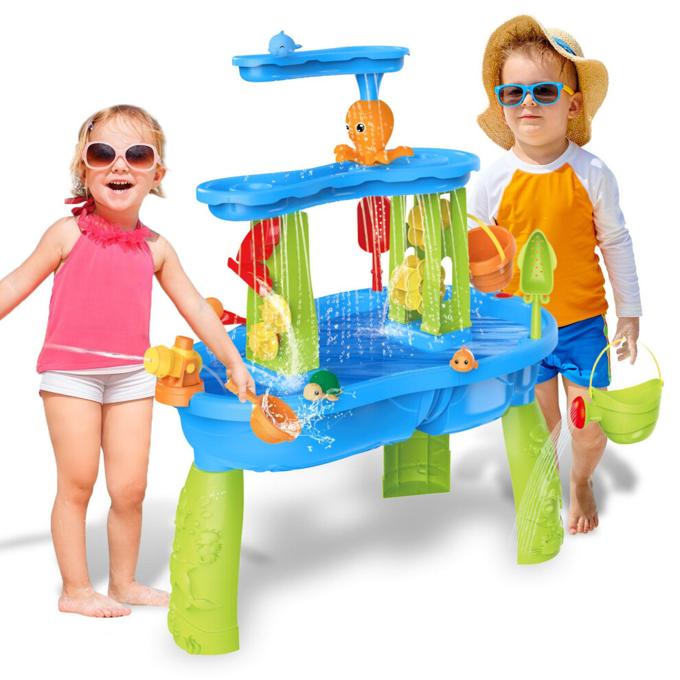 Deao Toys 3-Tier Sand And Water Play Table Kids Outdoor Activity Set With Lid 10+ Beach Accessories Perfect For Summer Fun In Garden Backyard & Beach Ideal Gift