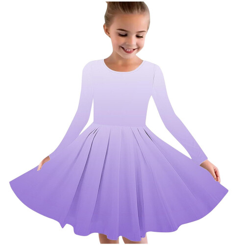 Μωβ Παιδικό Φόρεμα Skater Twirl, Μακρυμάνικο Φόρεμα Χορού σε Γραμμή Α με Πλισέ Στυλ για