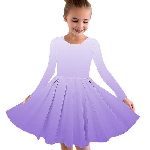 Μωβ Παιδικό Φόρεμα Skater Twirl, Μακρυμάνικο Φόρεμα Χορού σε Γραμμή Α με Πλισέ Στυλ για 1