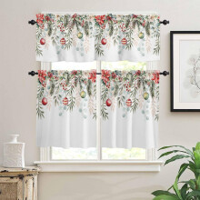 Ensemble de rideaux de cuisine de Noël : motif eucalyptus, poinsettia et flocons de neige, passe-tringle, 70 cm x 91 cm, ensemble de 3 pièces