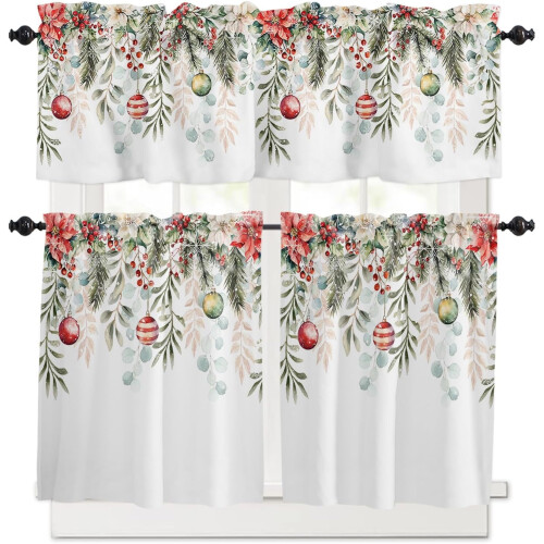 Set perdele de bucătărie de Crăciun cu eucalipt și poinsettia 1