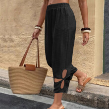 Calça comprida feminina casual, confortável e de cor sólida com bolsos laterais vazados - Poliéster e Elastano, ideal para o dia a dia e para