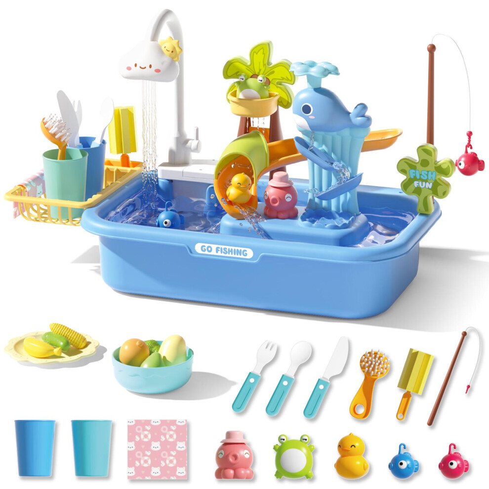 Deao Toys Pretend Play Kitchen Sink With Real Running Water 4-In-1 Water Play Table Floating Pool Fishing & Duck Slide Game Interactive Washing Up Toy(Blue) Blue
