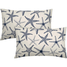 Marineblauwe lendenkussenhoezen met zeestermotief, 12x20 inch (30x50 cm), set van 2, strand- en kustdecoratie, katoen-linnen, nautische kussenhoezen