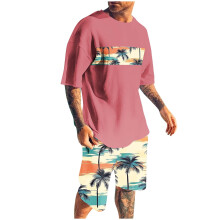 Conjunto de shorts masculino, 2 peças, gola redonda, estampa, esportivo, slim, cintura elástica, blusa de manga curta com gola redonda.