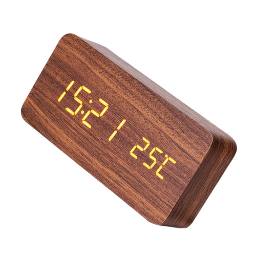 Despertador LED de madeira com visor de temperatura marrom