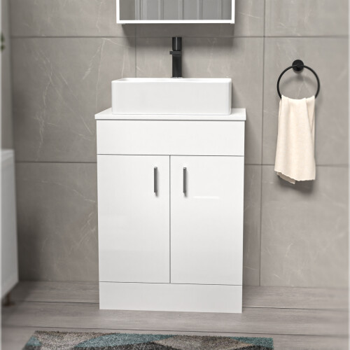 NES Home Onken 600mm White Vanity Cabinet And Rectangle Counter Top Basin Sink Unit 1