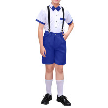 Jungenanzug, Sommeroutfits für Jungen, Sommeranzug in Unifarben, Freizeitanzug, Anzug, formelles Outfit mit Fliege, Kurzarm-Revers-Sets, Blau, 13-14