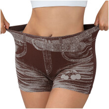 Shorts jeans femininos de cintura alta e tecido elástico, modelo casual de praia com bolsos, cor café, tamanho 2XL.