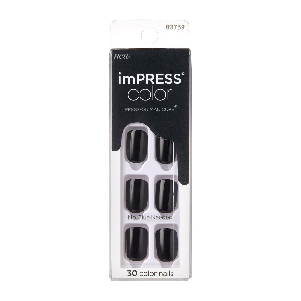 Impress Kiss No Glue Mani Press On Nails, Color, 'All Black', Black, Short Size, Squoval Shape, Includes 30 Nails, Prep Pad, Instructions Sheet, 1 Man