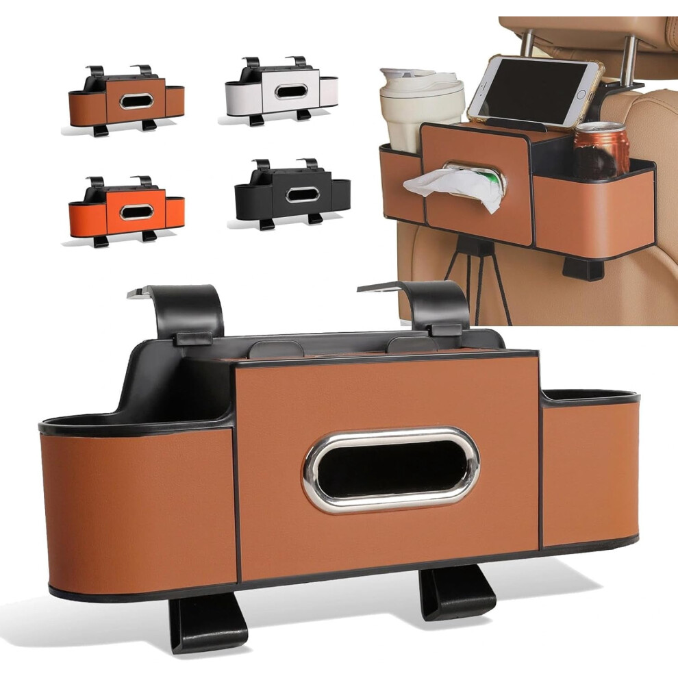 3-In-1 Car Backseat Organizer With Cup Holder, Tissue Box & Hooks Â Compatible With Most Cars (Brown) Brown 9110895619421