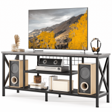Suporte para TV de 55 a 65 polegadas com estrutura de metal cinza e 3 níveis.