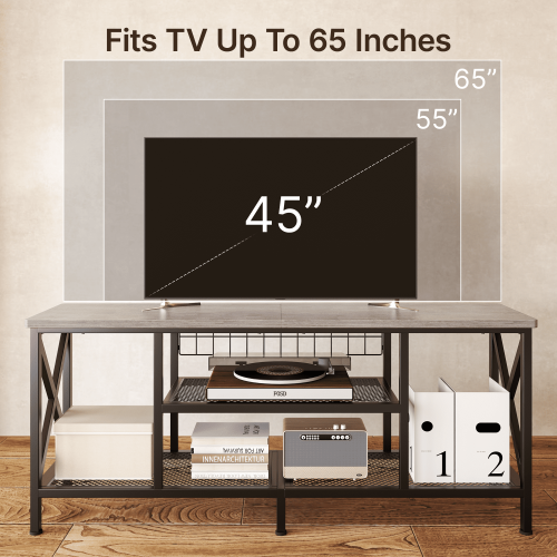 Suporte para TV de 55 a 65 polegadas com estrutura de metal cinza e 3 níveis. 1
