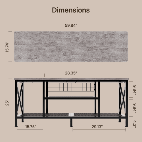 Suporte para TV de 55 a 65 polegadas com estrutura de metal cinza e 3 níveis. 2