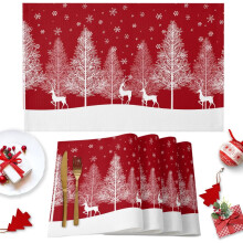 Christmas Forest Elk Placemats Set of 6, Washable Cotton-Linen Table Mats for Indoor/Outdoor Holiday Parties – Pine, Snowflake, Red