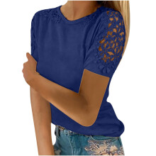 Letnie bluzki damskie Damskie koszulki Plus Size Tuniki z okrągłym dekoltem i krótkim rękawem Solidne bluzki z koronkowymi przeszyciami Modne,