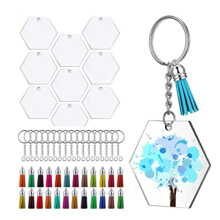 72Pcs Acryl Transparente Scheiben Sechskant SchlüSselbund Rohlinge Charms und Quaste AnhäNger SchlüSselring mit Kette für DIY Handwerk