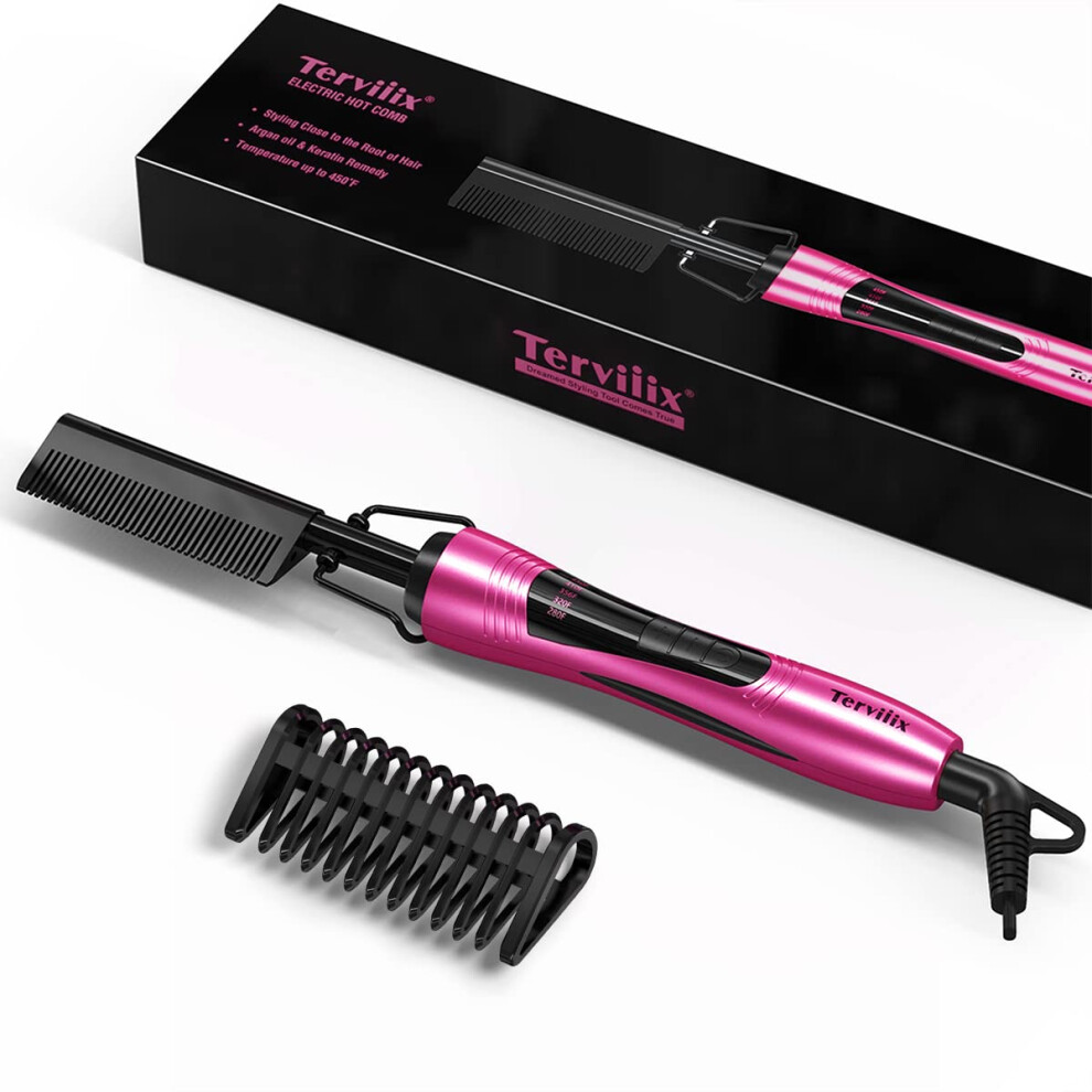 Terviiix Black Hot Comb Electric By Pressing Combs For Natural Hair, Wigs & Beard, Anti-Scald Straightening Comb With Keratin & Argan Oil Infused Tee
