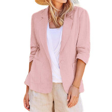 Damen-Blazer in Ellbogenlänge aus Leinen – Rosa, leicht, dehnbar, geraffte Ärmel, Taschen, Leinenmischung, Büro/Hochzeit – Kompatibel mit