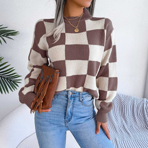 Damen-Strickpullover mit kariertem Weihnachtsmotiv, langärmelig 2