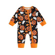 Girls Boys Onesie Halloween Cartoon Ghost Pumpkin Printed Long Sleeve Round Neck Zip Up Jumpsuit Casual Birthday One-Pieces,Black,0-3 Months